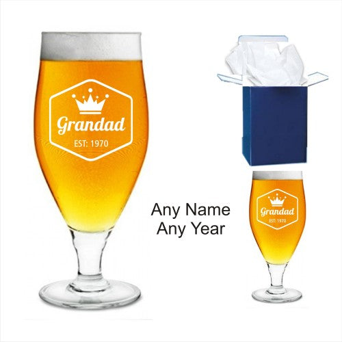 Personalised Engraved stemmed 500ml Beer Glass, Birthday Gifts, Gifts for him, Grandad, Daddy, Xmas Gift Any Age, Any Year