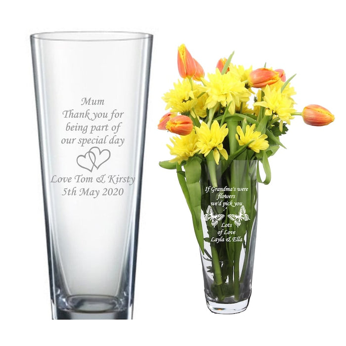 Personalised engraved glass vase, birthday gifts, any age, 40th, 50th, 60th, hearts , butterflies design