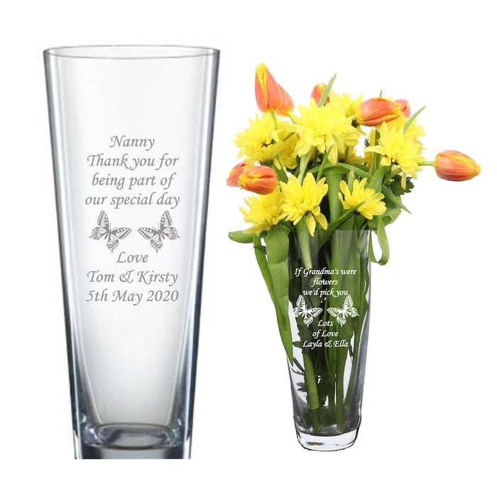Personalised engraved glass vase, birthday gifts, any age, 40th, 50th, 60th, hearts , butterflies design