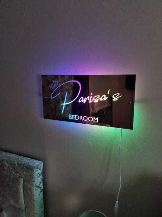 Personalised Name Mirror Sign, LED Custom Neon Illuminated Light Up Bedroom Sign