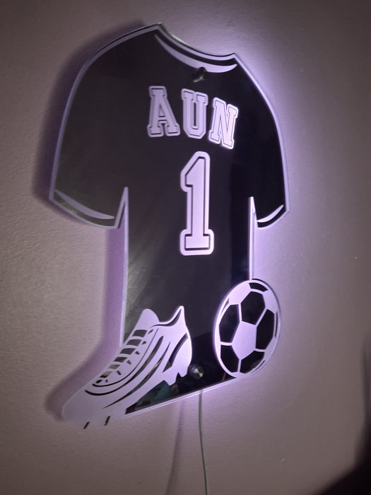 Personalised Football Shirt Mirrored Acrylic LED Light/ Playroom Sign