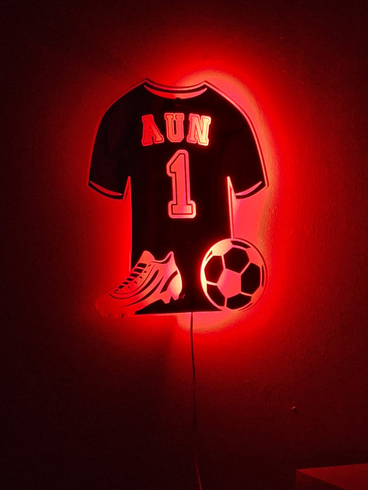Personalised Football Shirt Mirrored Acrylic LED Light/ Playroom Sign