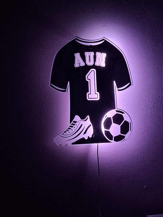 Personalised Football Shirt Mirrored Acrylic LED Light/ Playroom Sign