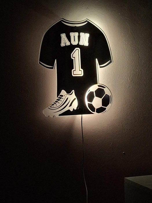 Personalised Football Shirt Mirrored Acrylic LED Light/ Playroom Sign