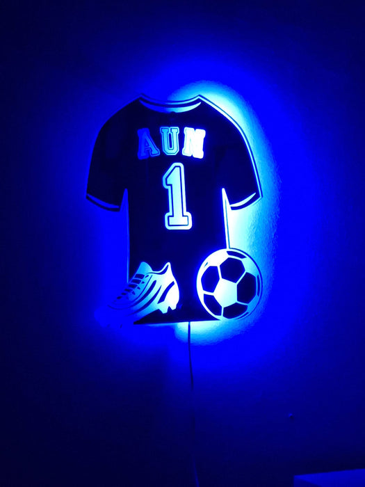 Personalised Football Shirt Mirrored Acrylic LED Light/ Playroom Sign