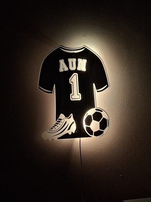 Personalised Football Shirt Mirrored Acrylic LED Light/ Playroom Sign