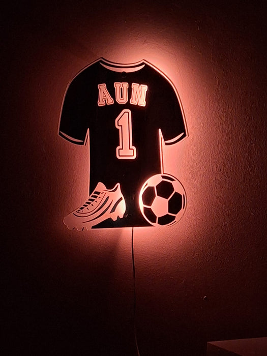 Personalised Football Shirt Mirrored Acrylic LED Light/ Playroom Sign