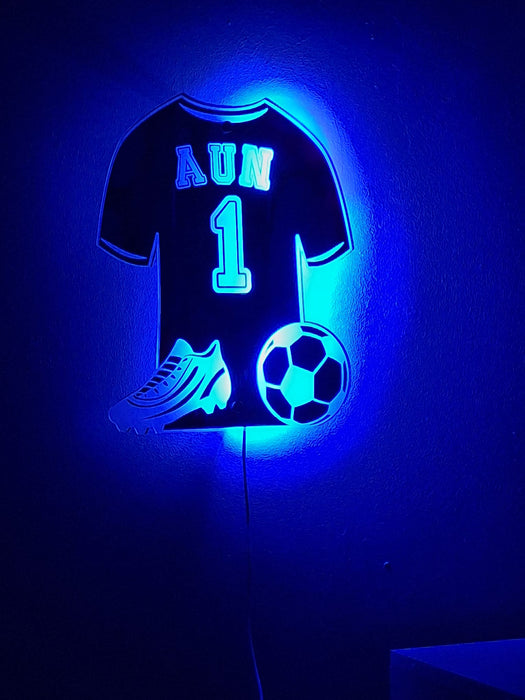 Personalised Football Shirt Mirrored Acrylic LED Light/ Playroom Sign