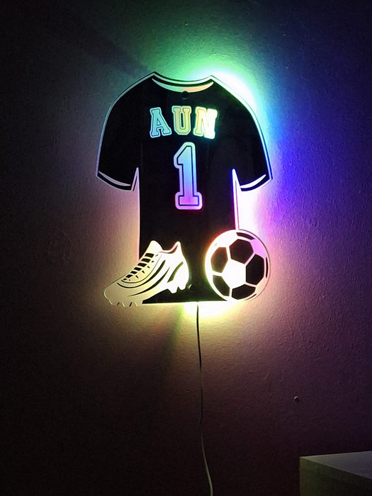 Personalised Football Shirt Mirrored Acrylic LED Light/ Playroom Sign