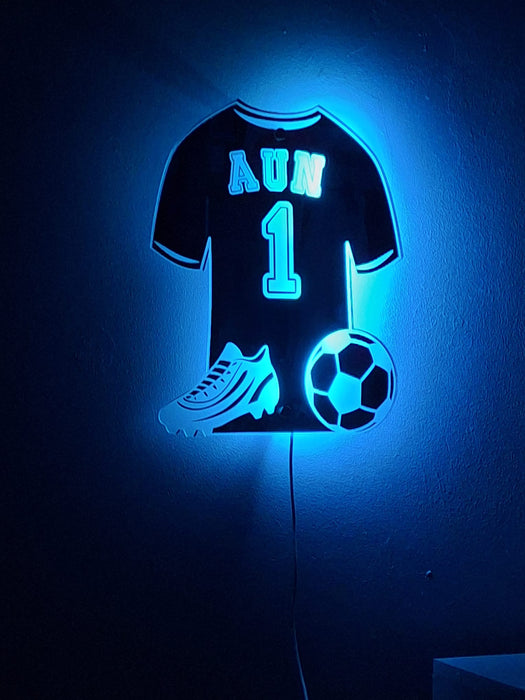 Personalised Football Shirt Mirrored Acrylic LED Light/ Playroom Sign