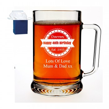 Personalised Engraved Beer Pint Glass Tankard 40th 50th 60th Birthday Gift Boxed