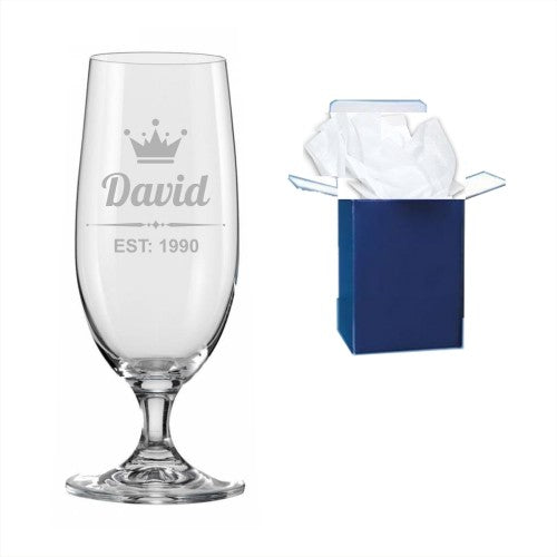 personalised engraved stemmed beer glass 360ml, birthday gifts, gifts for her, gifts for him, Any Age, Any Year